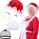 Dingion 4 Pcs Christmas Mrs Claus Costume for Women Old Lady Hat Wig Glasses and Hair Net for Claus Costume Cosplay Party