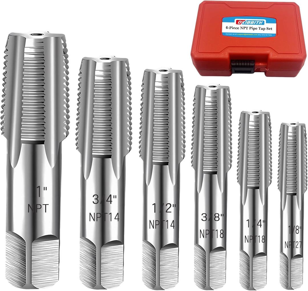 6-Piece NPT Pipe Tap Set, 1", 3/4", 1/2", 3/8", 1/4", 1/8" NPT Tap Set, Carbon Steel Hand Threading Plumbing Tap Set for Accurate Threads, Assorted Plumbers Mechanics DIY Thread cutting tools