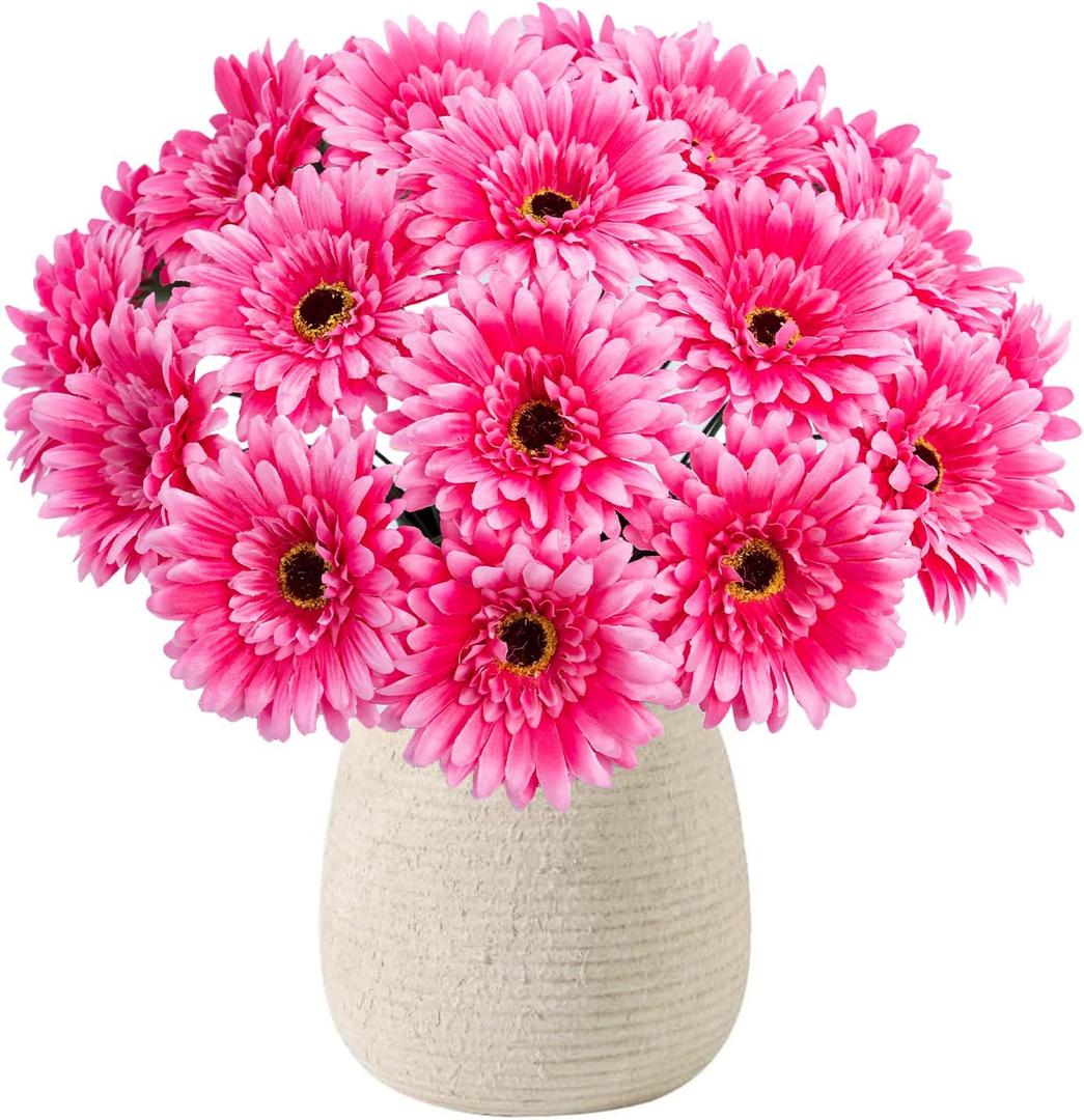 20 Pcs Fake Silk Gerbera Daisy Artificial Flowers with Stems Faux Daisies Flower Bulk for DIY Art Crafts Home Wedding Party Vase Centerpieces Tables Garland Wreath Decoration (Pink)