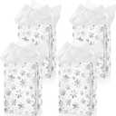 Silkfly 50 Pcs Small Winter Party Favor Gift Bags Bulk Snowflake Metallic Kraft Candy Treat Goodie Bags with Handle 50 Pcs Tissue Paper for Xmas Winter Holiday Birthday Party Supplies (Silver)