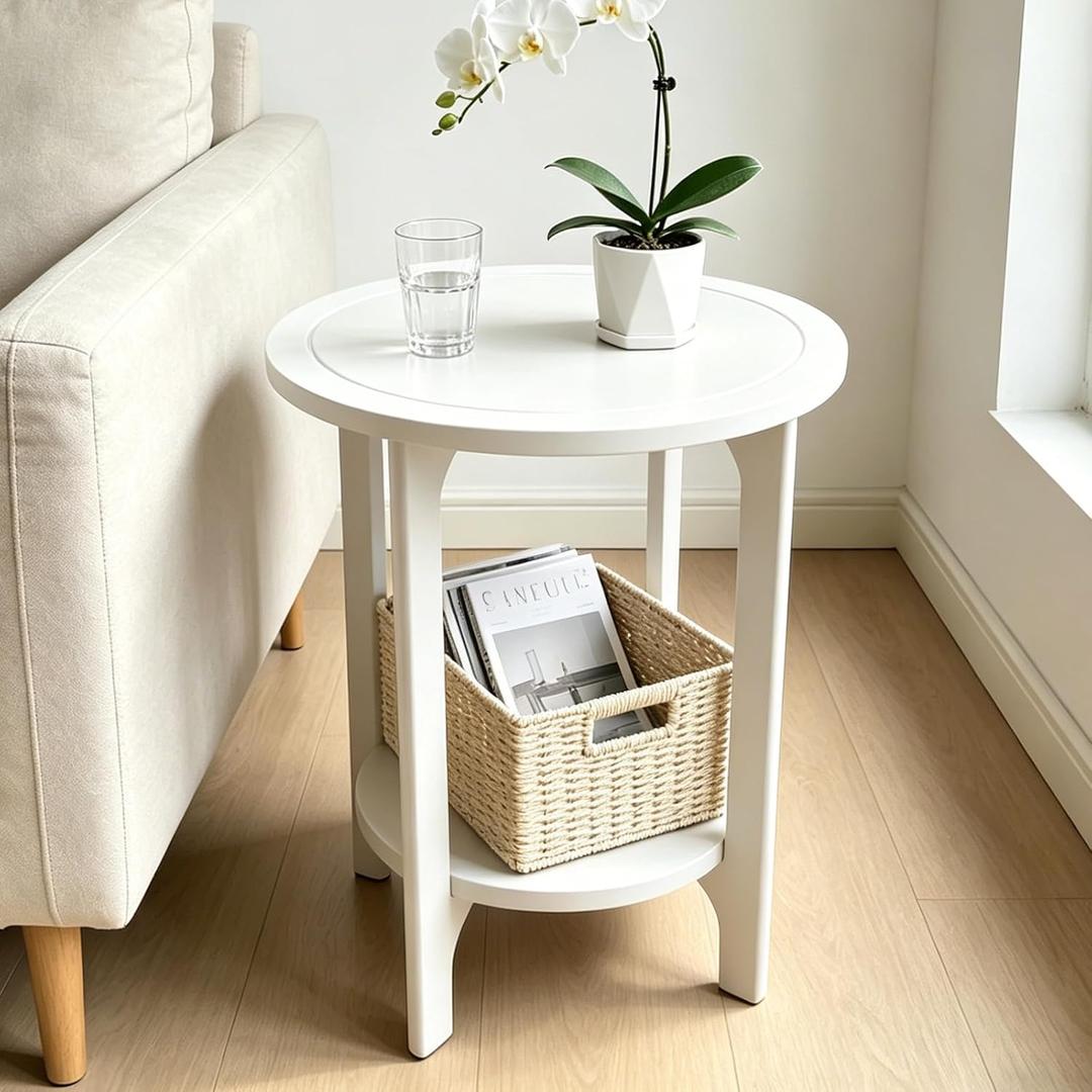 Small Round Side Table, 2-Tier Solid Wood End Table, Mid Century Modern Nightstand for Living Room, Bedroom, Easy Assembly (White), 17"W x 22"H