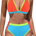 popvil High Waisted Bikini Sets for Women Two Piece Swimsuit Halter Top Bathing Suit (Small, Neon Color Block)