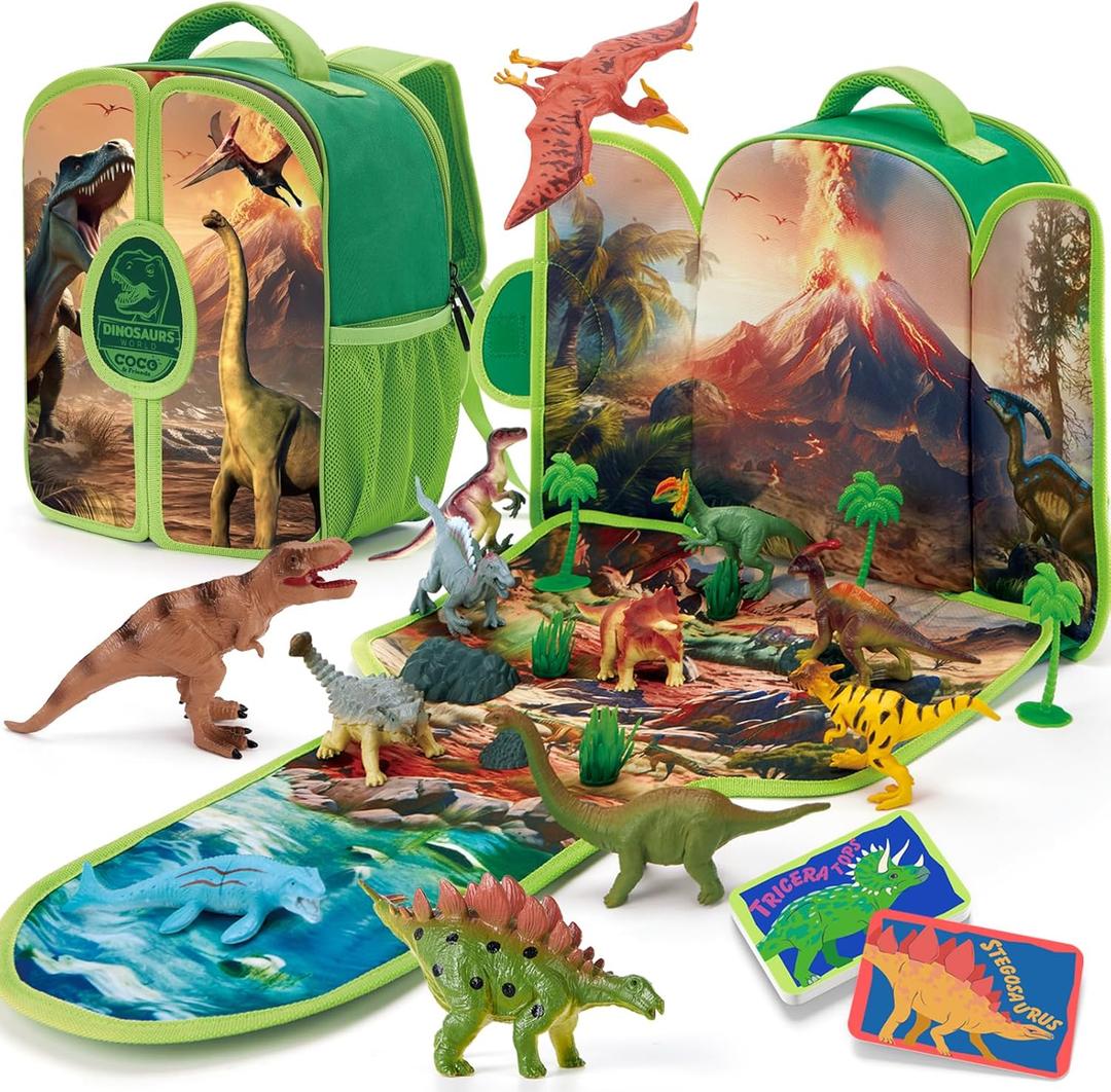 COCO&Friends Dinosaur Toys for Kids 3-5 - Portable Dinosaur Backpack Play Set with Foldable 3D Mat, Pretend Play Toy for 4 Year Old Boy Birthday Gift - Travel Outdoor Beach Toys for Kids Ages 4-8