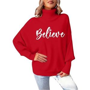 Christmas Sweaters for Women Merry Sweater: Oversized Turtleneck Sweaters 2025 Long Batwing Sleeve  Pullover Tops M
