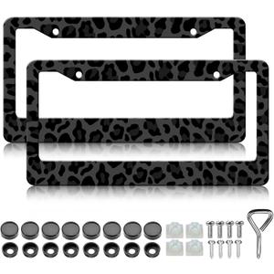 Black Leopard Print License Plate Frames - 2 Pack Animal Cheetah Print License Plate Holder Covers, Aluminum Metal Rust-Proof Waterproof Car Tag Frame with Screws Fasteners Caps