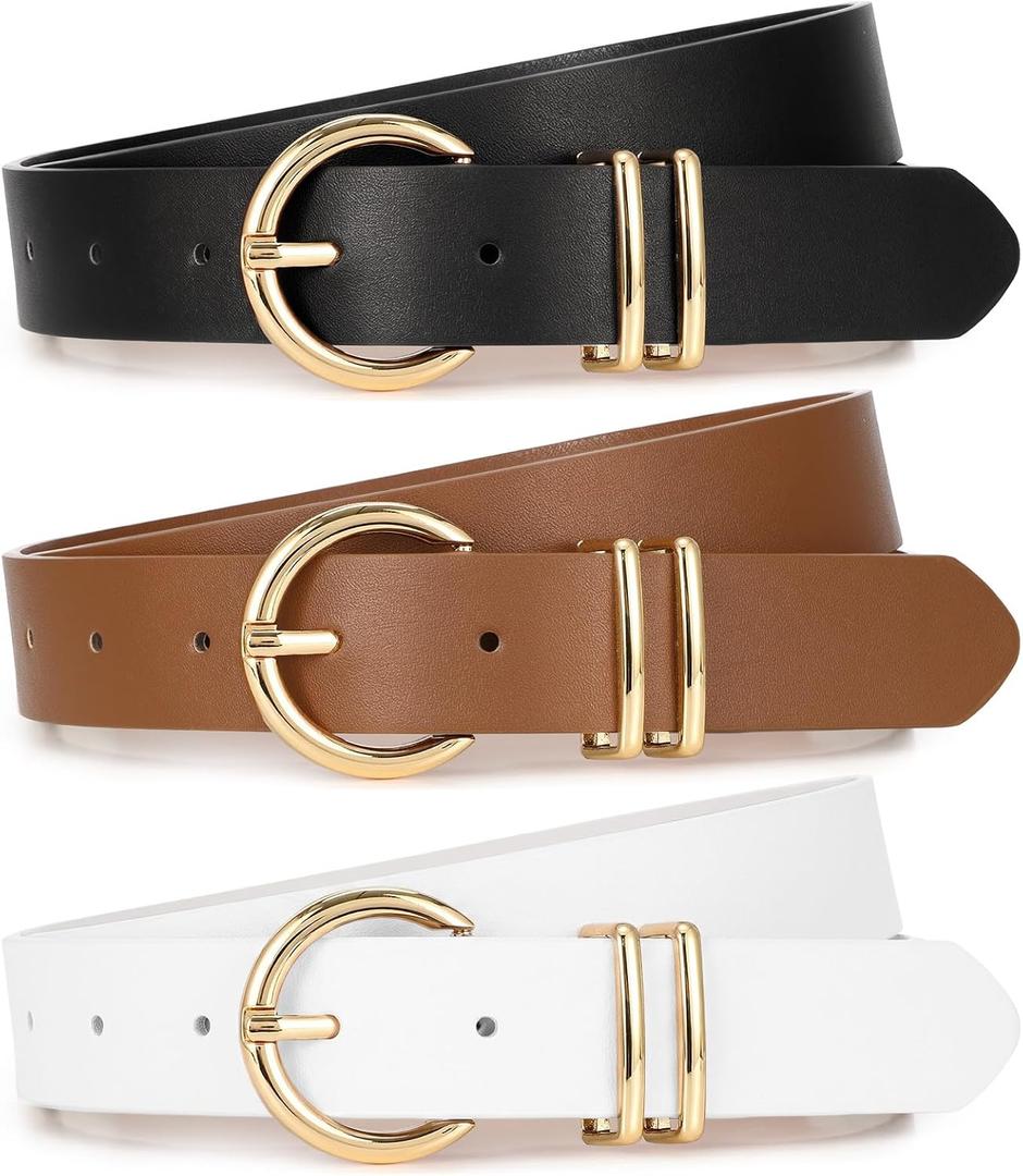 XZQTIVE 3 Pack Women Belts For Jeans Dresses Pants Ladies Leather Waist Belt with Gold Buckle