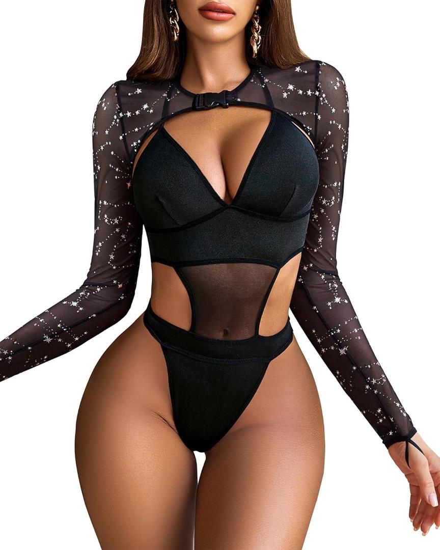 Avidlove Rave Outfits for Women Festival Sexy Lingerie Bodysuit Buckle Shrug Crop Top Set (XX-Large, Sparkle Star)