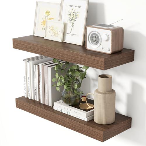 Heimlove 24 Inch Floating Shelves for Wall Walnut Shelves Set of 2, Wall Mounted Rustic Wood 8 Inch Deep Floating Shelf with Invisible Brackets for Bedroom Kitchen Living Room