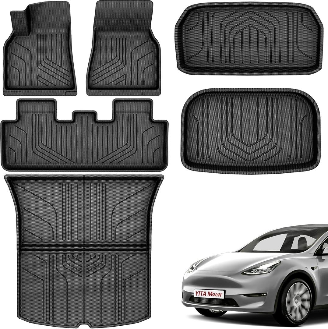 YITAMOTOR Floor Mats Compatible with Tesla Model Y 2021-2024 2025 5 Seater (Not Fit Model Y Juniper) Full Set, All-Weather Cargo Liners Rear Cargo Automotive Accessories