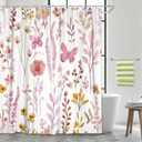 Watercolor Floral Shower Curtain, Pink Flowers Butterfly Plant Leaves Shower Curtains, Cute Botanical Boho Cottagecore Waterproof Polyester Fabric Bathroom Curtain Set with 12 Hooks, 72x72 Inch