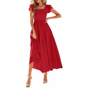 KIRUNDO Smocked Summer Dresses for Women 2025 Wedding Guest Midi Flowy Ruffle Short Sleeve Square Neck Tiered Sundress (Red, L)