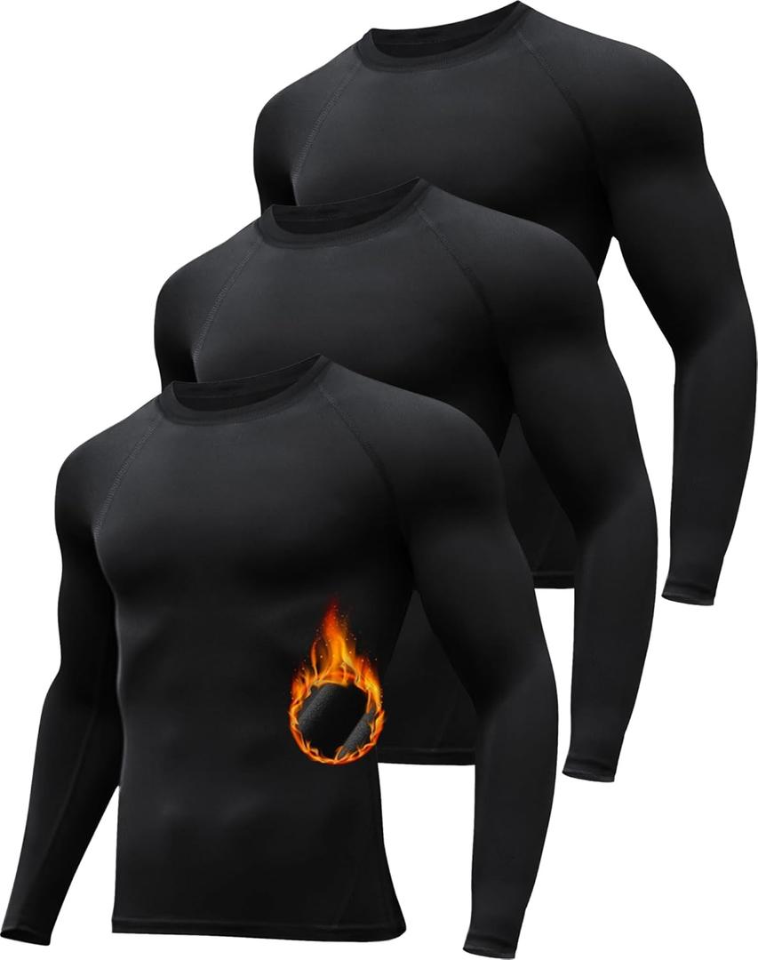 3 Pack Men's Thermal Underwear Shirts Compression Fleece Lined Long Sleeve Athletic Base Layer Cold Weather (Large)