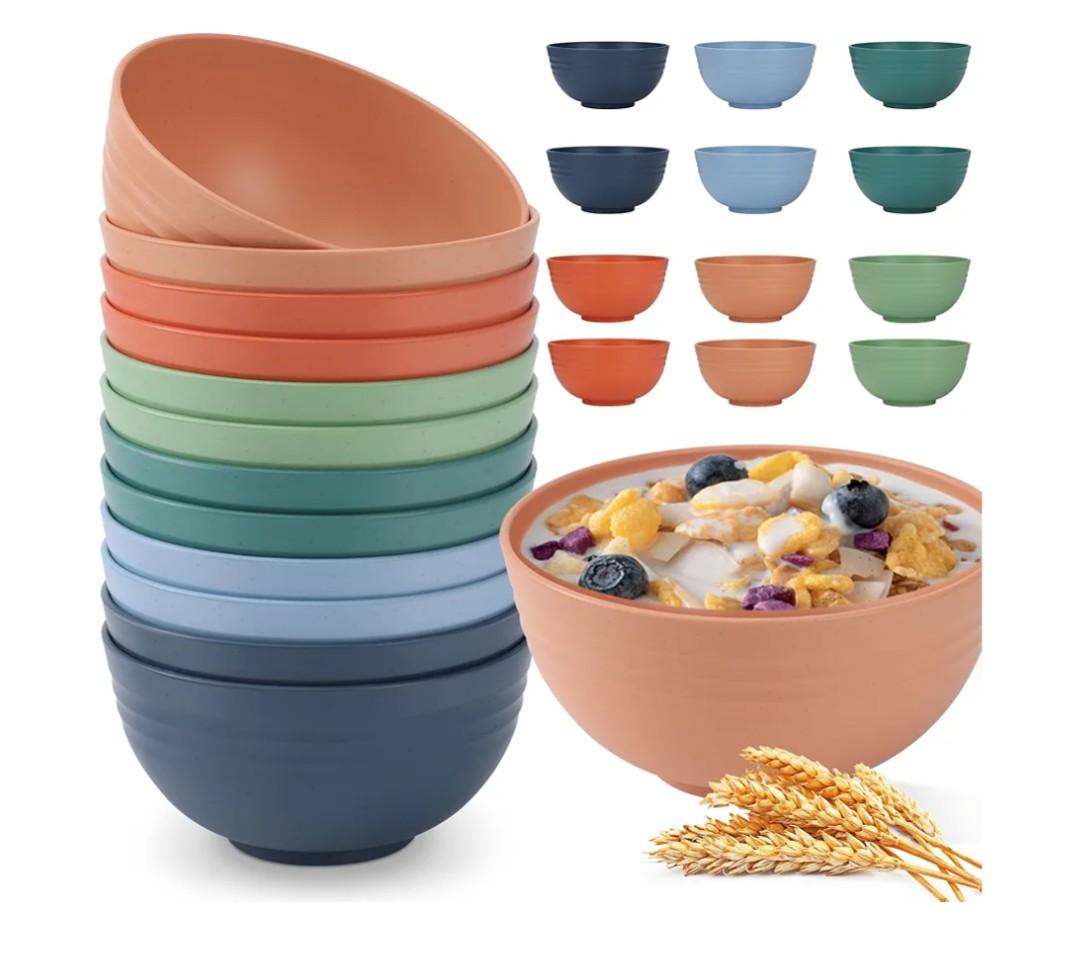 HOTEC 12-PACK BPA Free Unbreakable Plastic Cereal Bowls - Microwave & Dishwasher Safe Soup Salad Camping Bowls, 26OZ, Multicolor