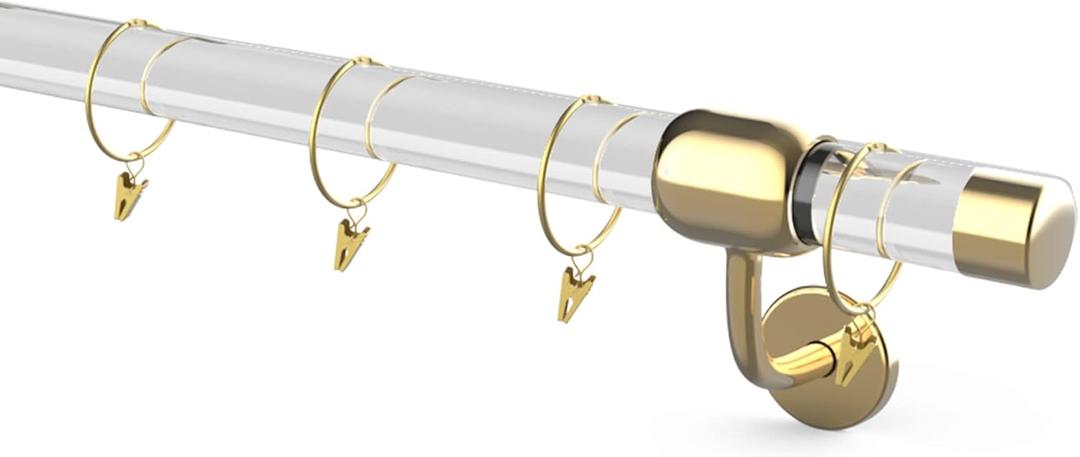 8FT Acrylic Curtain Rod Set For 96"Windows, 1 1/2" Diameter Clear Acrylic Curtain Rod With Twenty Curtain Rings. Three Gold Yellow Wall Mounted Brackets. Modern & Clear Look