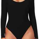 Sunzel Women's Long Sleeve Bodysuits Double Lined Thong Body Suit Shirt Scoop Neck Going Out Tops Casual Tight Leotards (Large, Black)