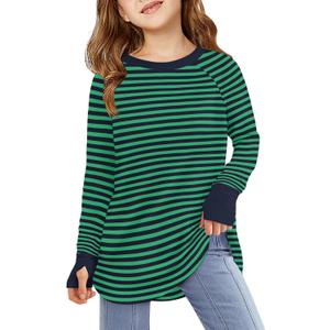 Haloumoning Girls Striped Thumb Hole Long Sleeve Shirts Kids Crewneck Tunic Tops Curved Hem Tees, Dark Green, Size: 9-10 Years