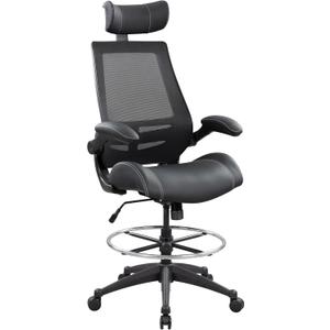BOLISS Ergonomic Drafting Chair with 4-Level Adjustable Headrest Tall Standing Desk Stool with Soft Microfiber Leather Seat, Breathable Mesh Back, 90 Flip-Up Arms, and Adjustable Foot Ring (BLS-2818HD)