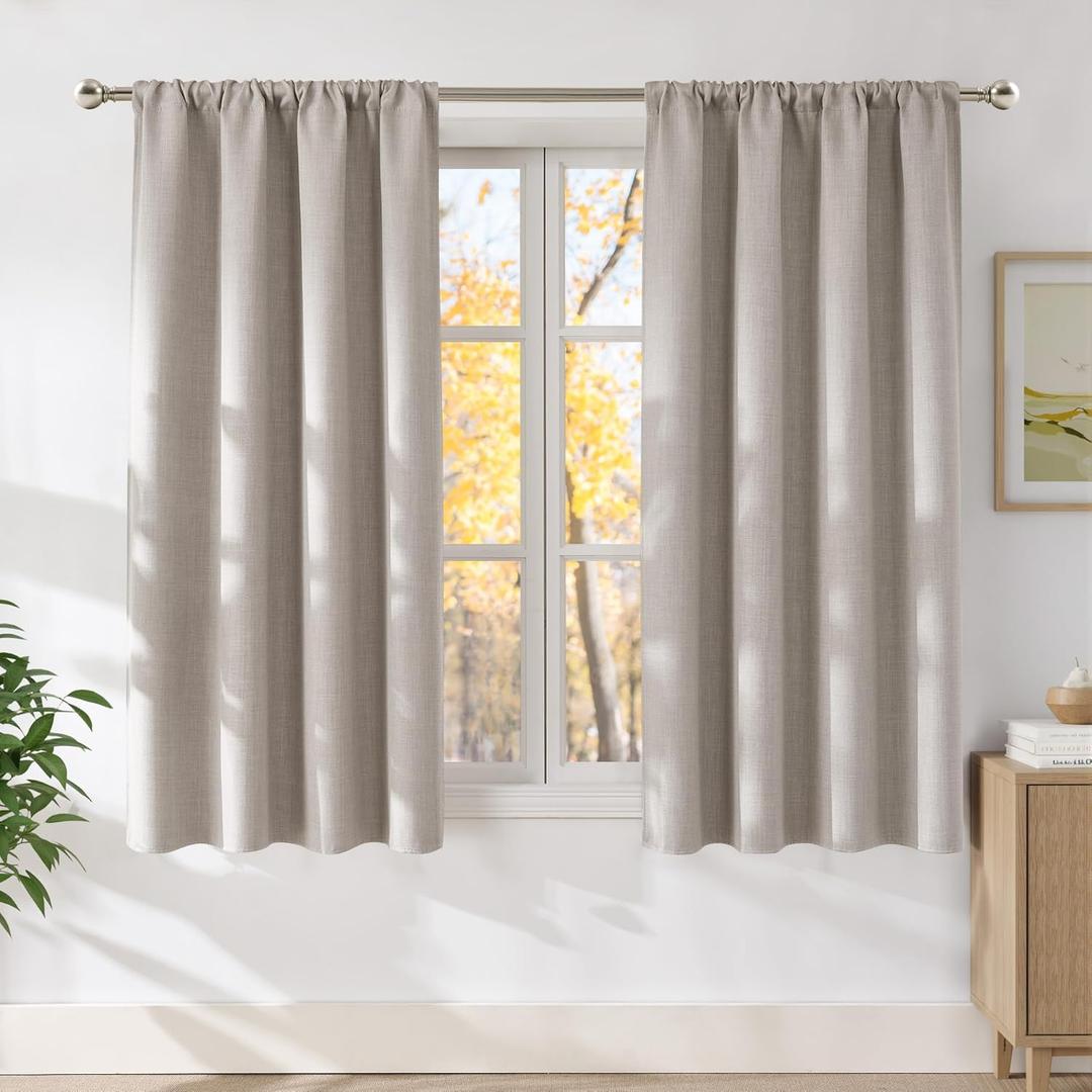 NICETOWN Angora Faux Linen Room Darkening Rod Pocket Curtains 63 inch Length, W42 x L63, Light Blocking Thermal Insulated Noise Reducing Drapes for Bedroom Living Room Farmhouse Decor, 2 Panels