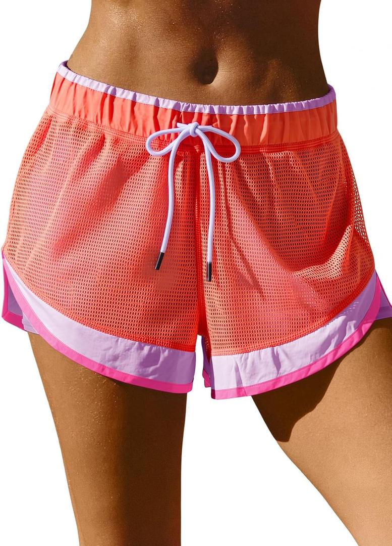 Fisoew Women Athletic Shorts 2 in 1 Running High Split Color Block Workout Yoga Mesh Shorts Pocket Drawstring (Orange, M)