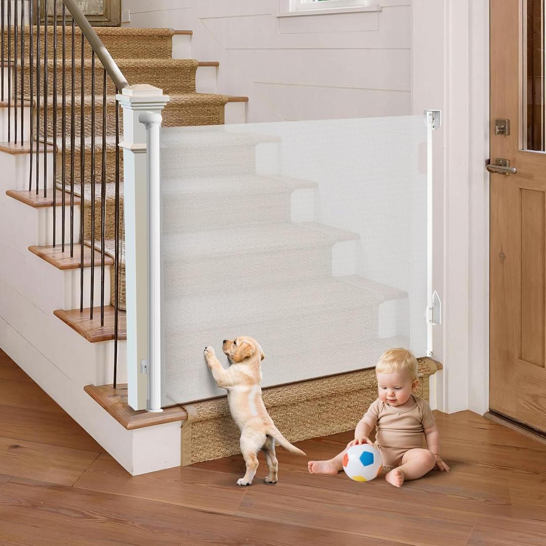 Retractable Baby Gate for Stairs, 55" Wide Mesh Pet Gate, Automatic Tension, One-Hand Operation, 38" Tall Baby Gates for Doorways, Hallways, Deck, Indoor Outdoor, Safe, Easy to Fit, White
