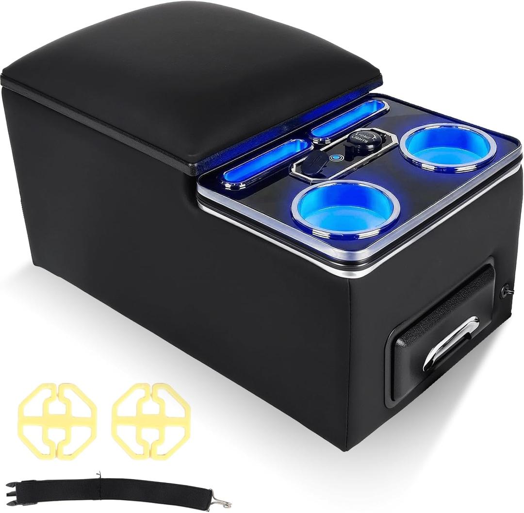 Upgraded Center Console with Lock, Truck Bench Front Seats Center Console Organizer and Storage, Cup & Phone Holder for Minivan SUV Van, Fast Phone Charging & 7-Color Adjustable LED Lighting (Black)
