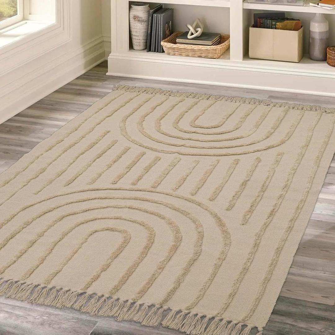 LEEVAN Boho Rainbow Area Rug Floor Carpet 4x6 ft, Farmhouse Rugs Washable Woven Living Room Rug Tan Cotton Woven Accent Rug for Indoor Outdoor Kitchen/Hallway/Bedroom/Bohemian Patio Rug