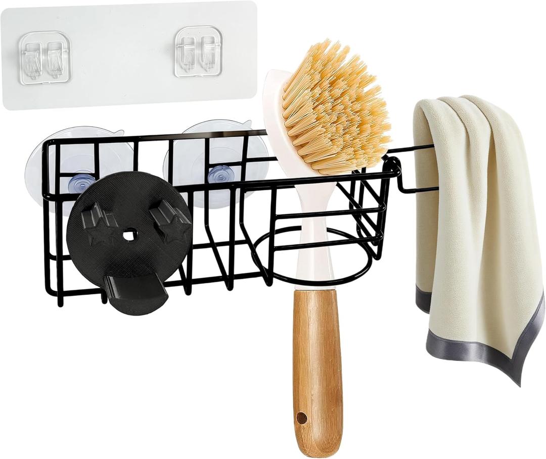 Sponge Holder Smile Face with Dish Cloth Hanger for Kitchen Sink, In-sink Caddy Organizer with Suction Cups & Adhesive Strips, Rustproof Sponge Rack for Soap, Brush, Scrubber - Black