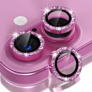 Choiche Compatible for iPhone 16 /iPhone 16 Plus Camera Lens Protector Bling, 9H Tempered Glass Camera Cover Screen Protector Metal Ring Decoration Accessories(Glitter-Pink)