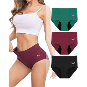 Rdiner Heavy Flow High Absorbency Period Underwear Women, Leakproof Panties Postpartum Menstrual Hipster Briefs Teens 3 Pack (Medium, Black+red+green)