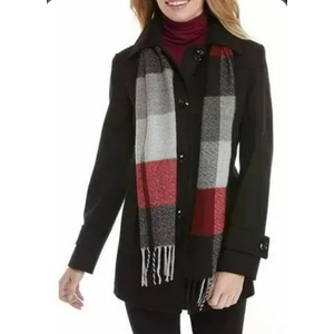 London Fog Woman Single - Breasted Peacoat With Scarf Pea Coat , Black, Large