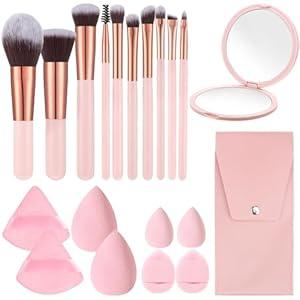 20PCS Makeup Brushes Set,10 Pcs Travel Makeup Brush with Mirror, Storage Bag and 8PCS Makeup Sponges for Home, Travel, Party (Pink)