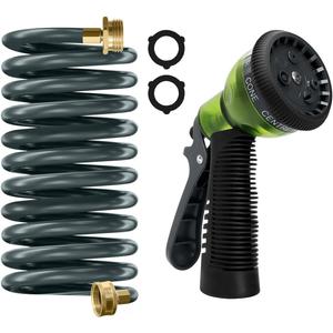 Coil Hose 10FT EVA Coil Garden Hose With 3/4'' Brass Connector Coiled Water Hose Lightweight And No Kink Includes 7 Patterns Spray Nozzle For Outdoors Lawn Watering Car Washing (Gray)