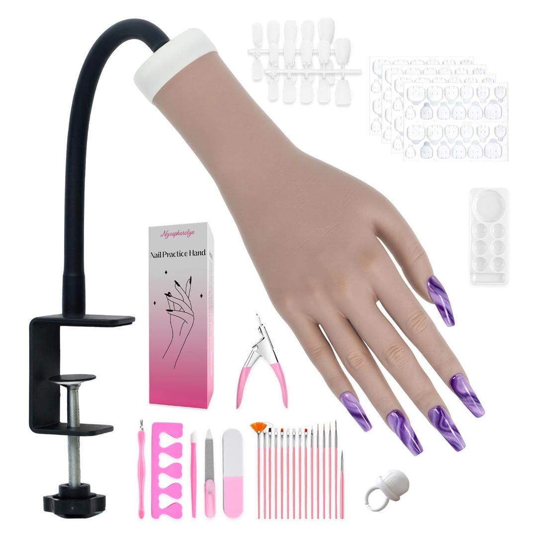 Practice Hand for Acrylic Nails, Flexible Bendable Fake Hand with Adjustable Stand, Nail Training Kit Mannequin Hand for Beginners & Nail Artists(Dark skin tone)