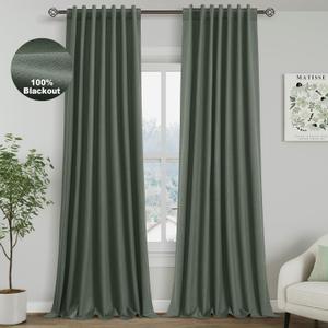 Blackout Olive Green Linen Curtains 96 Inches Long Back Tab Heat Reflective Full Light Block Out Curtains 2 Panels for Bedroom Windows Textured Long Draperies With Liner Floor to Ceiling Length 8Ft