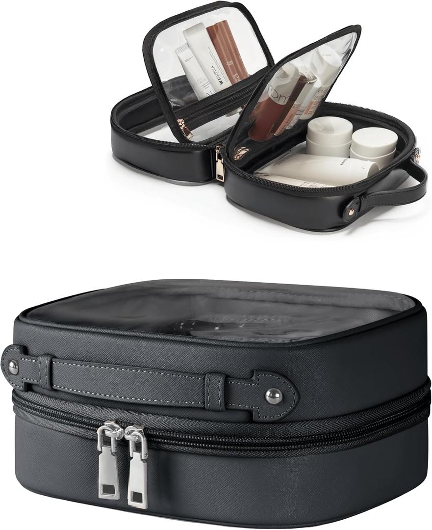 Clear Cosmetic Bag Double Layer Travel Toiletry Bag Clear Makeup Bag Case with 4 Compartments, Transparent Travel Bag for Toiletries, Large Toiletry Bag for Women Cosmetic Case (Black, Small)