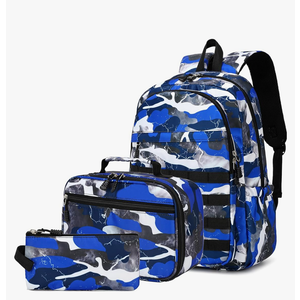 Boys Backpack with Lunch Box, Camo Kids Backpacks for Boys Elementary Middle School Bag Bookbag Outdoor Travel Back Pack (Camo Blue Set, Small)