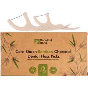 Natural Dental Floss Picks 75 Pack  Organic Biodegradable Floss Sticks with Strong Bamboo Charcoal Thread & Vegan Cornstarch Handle  No Plastics, No Artificial Flavours - Kraft Paper Box