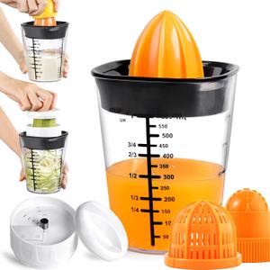 Hand Juicer, 6 in 1 Multifunctional Cup, Lemon Squeezer, Citrus Juicer With 600ML20 OunceCapacity Measuring Cup, Zucchini Spiralizer Noodle Maker,For Lemon,Orange,Zucchini (White) (4 Blade, Black)