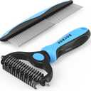 Pet Grooming Combo - Blue Deshedding Brush with Metal Comb for Detangling and Dematting Long, Matted Fur on Cats and Dogs
