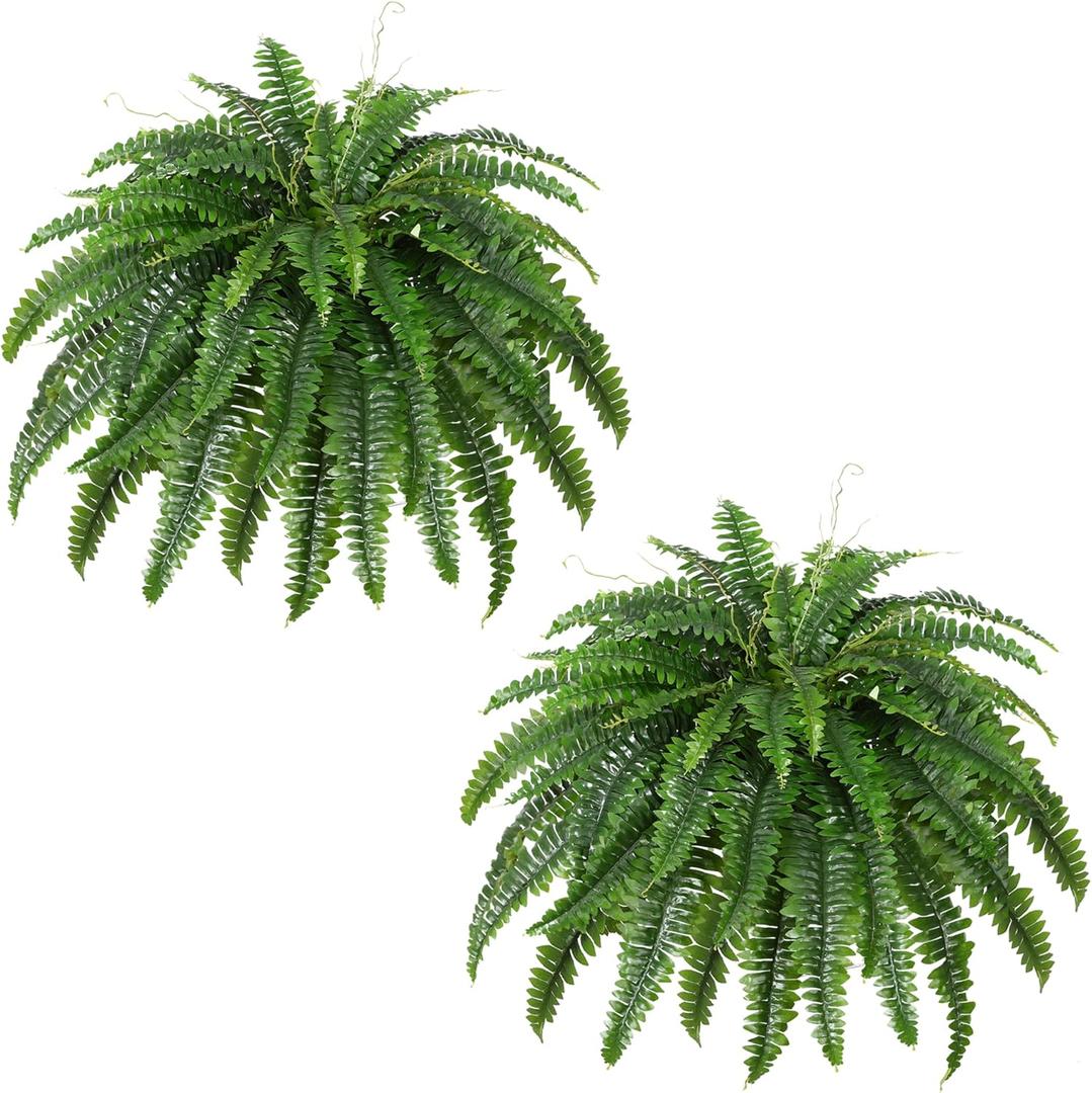 2PCS 45in Fake Ferns Large Artificial Plants Outdoor, UV Resistant Artificial Ferns for Outdoors, 60 Branches Faux Boston Fern Realistic Weatherproof Fake Plants for Porch Home Patio Hanging Decor
