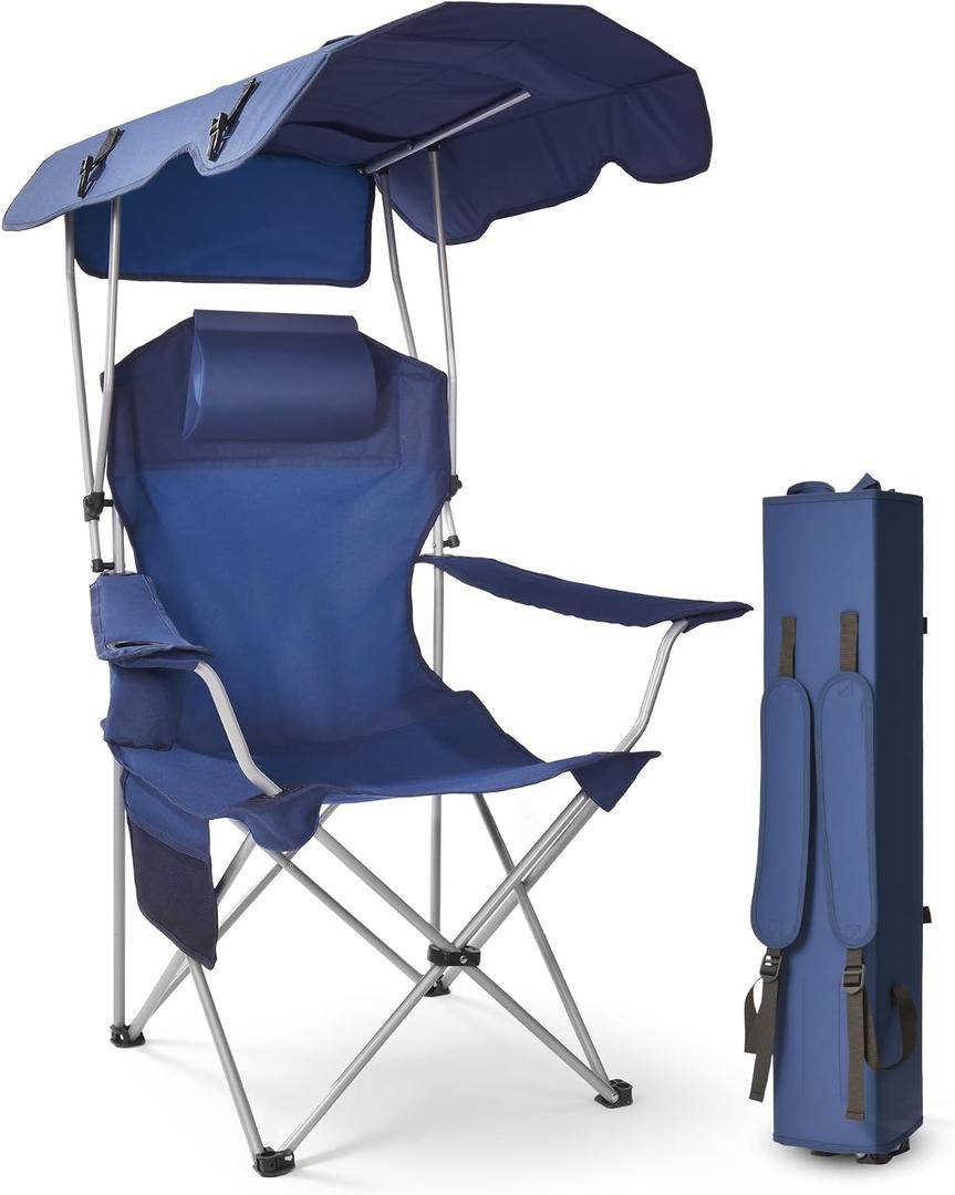 East Oak Camping Chair with Canopy | 25" High Back Folding Beach Chair with Canopy Shade, Supportive Headrest, Cup Holder, Side Pocket, 330 lbs Heavy Duty Canopy Chair for Outdoors, Adult Size