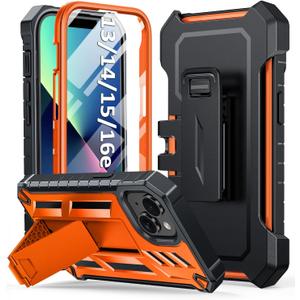 for iPhone 13/14/15 Phone Case: for iPhone 16e Protective Cover with Belt Clip Holster | Durable Dual-Layer Design with Built-in Kickstand | Heavy Duty Military Grade Hard Protection Shock Proof