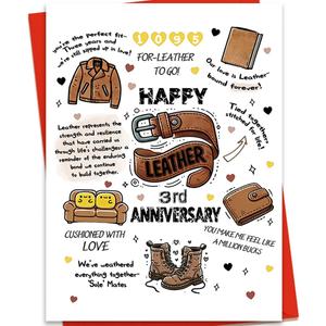 3rd Anniversary Card, Leather Anniversary Card for Husband Wife | 3 Year Wedding Anniversary Card Gift Decoration, 5 x 7 Inches with Envelopes and Stickers