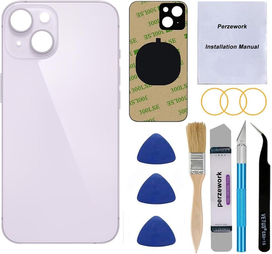 Rear Back Glass Replacement for iPhone 14 6.1 inches with Reparing Toolkit and Pre-Installed Adhesive (Purple)