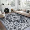 WILLSUN Washable Area Rugs, 8x10 Non-Slip Boho Large Area Rugs for Living Room, Bedroom, Machine Washable Vintage Rug, Indoor Floral Print Carpet for Home Decor, Kid & Pet Friendly Mat (Grey)