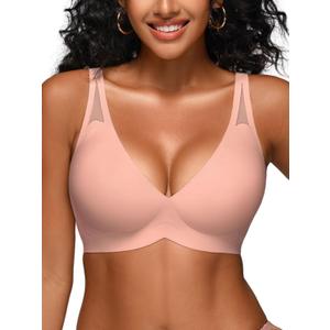 Jelly Bras for Women - Wireless Deep V No Underwire Bralette with Support - Seamless Comfortable Lightly Padded T-Shirt Bra (Small, Cinnamon)