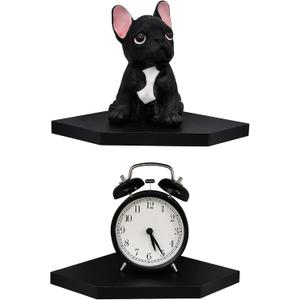 WELLAND 7-Inch Black Floating Corner Shelves Set of 2, Wall Mounted Storage Shelf with White Finish for Bedroom, Living Room, Bathroom, Display Shelf for Small Plant, Photo Frame, Toys