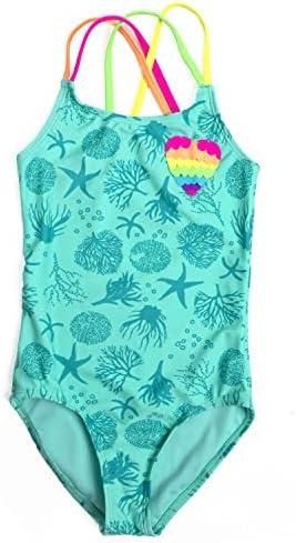 Jimmy Baha·mas Girls 1 Piece Sport Swimsuits with Cross Back Strap Colorful Fish Scales Print and Two Cute Bow Decorations, 7