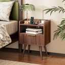 Huuger Nightstand with Charging Station, USB-C Port, Fluted Night Stand with Drawer, Bed Side Table with Solid Wood Feet, Open Storage, End Table with Raised Edge, for Bedroom, Walnut