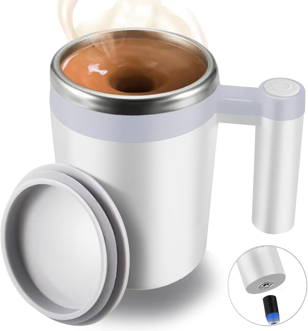 Self Stirring Mug, Rechargeable Auto Magnetic Coffee Mug with 2Pc Stir Bar, Waterproof Automatic Mixing Cup for Milk/Cocoa at Office/Kitchen/Travel 14oz Best Gift - White